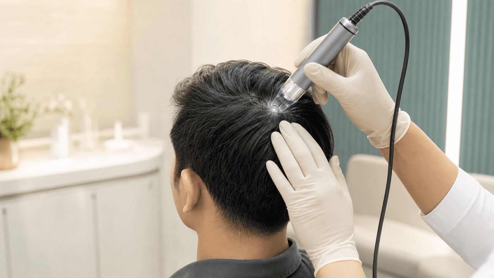 A clinician performing a modern scalp and hair assessment